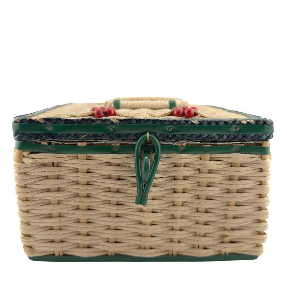 Vintage Japan Wicker Sewing Basket  Cherry Berry Lid Square Box Needs‎ Lining